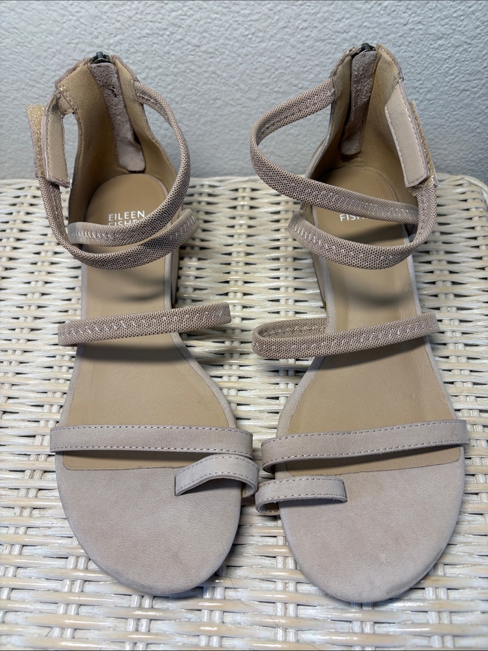 Eileen Fisher Neutral Beige Suede Strap Ankle-Wrap Sandals